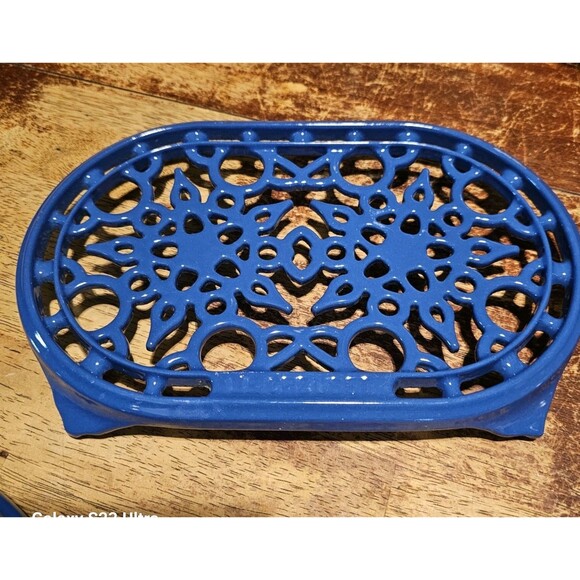 Le Creuset Other - Le Creuset Trivet Warmer Pot Stand Cast Iron Enamel Candle Blue Oval France